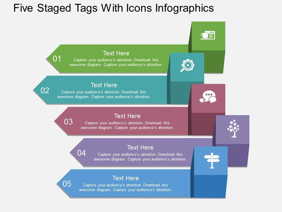 Rt five staged tags with icons infographics flat powerpoint design Slide01