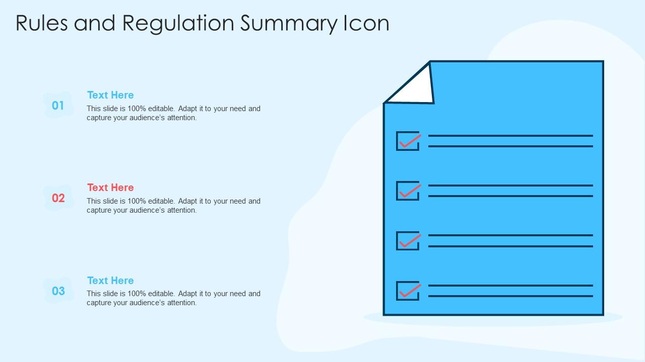Rules And Regulation Summary Icon In Powerpoint And Google Slides Slide01