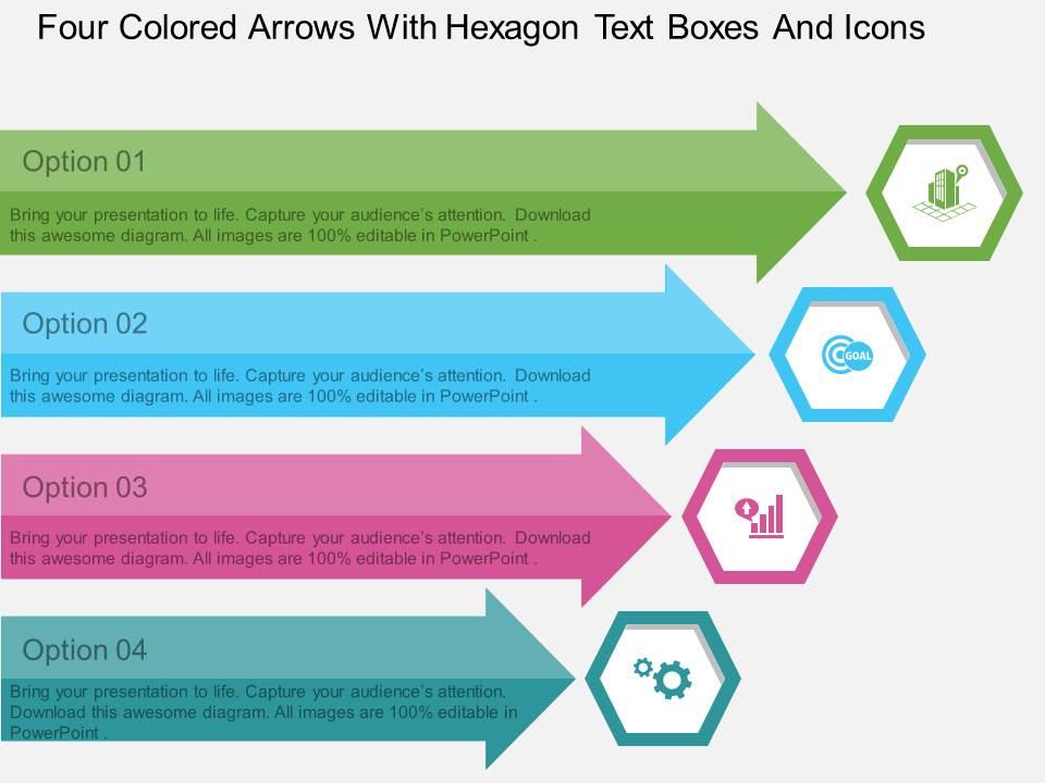 Rv four colored arrows with hexagon text boxes and icons flat powerpoint design Slide01