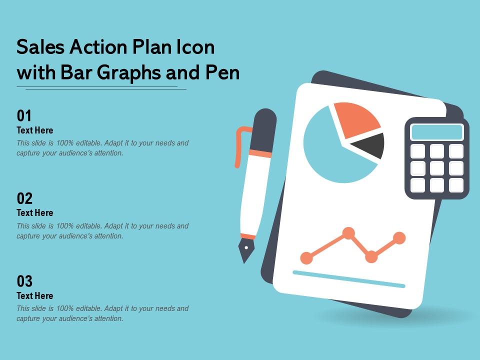 Sales action plan icon with bar graphs and pen Slide01