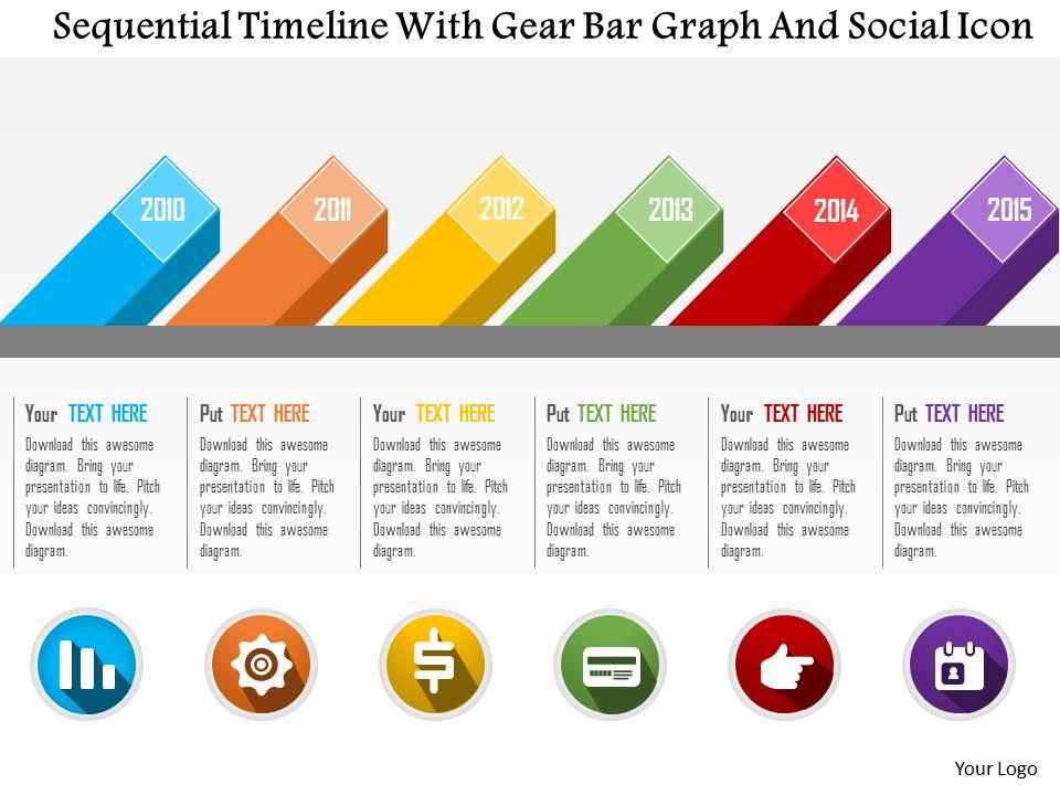 Sequential timeline with gear bar graph and social icon flat powerpoint design Slide01