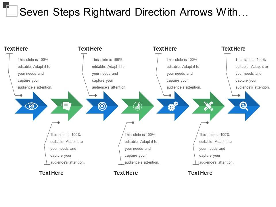Seven steps rightward direction arrows with text boxes and icons Slide01
