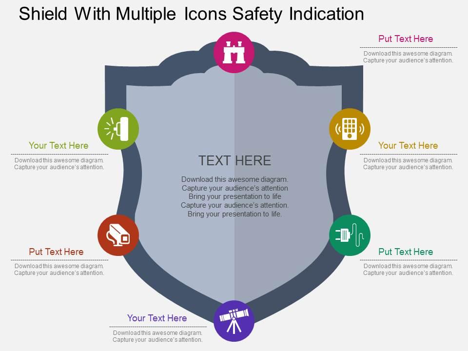 Shield with multiple icons safety indication flat powerpoint design Slide01