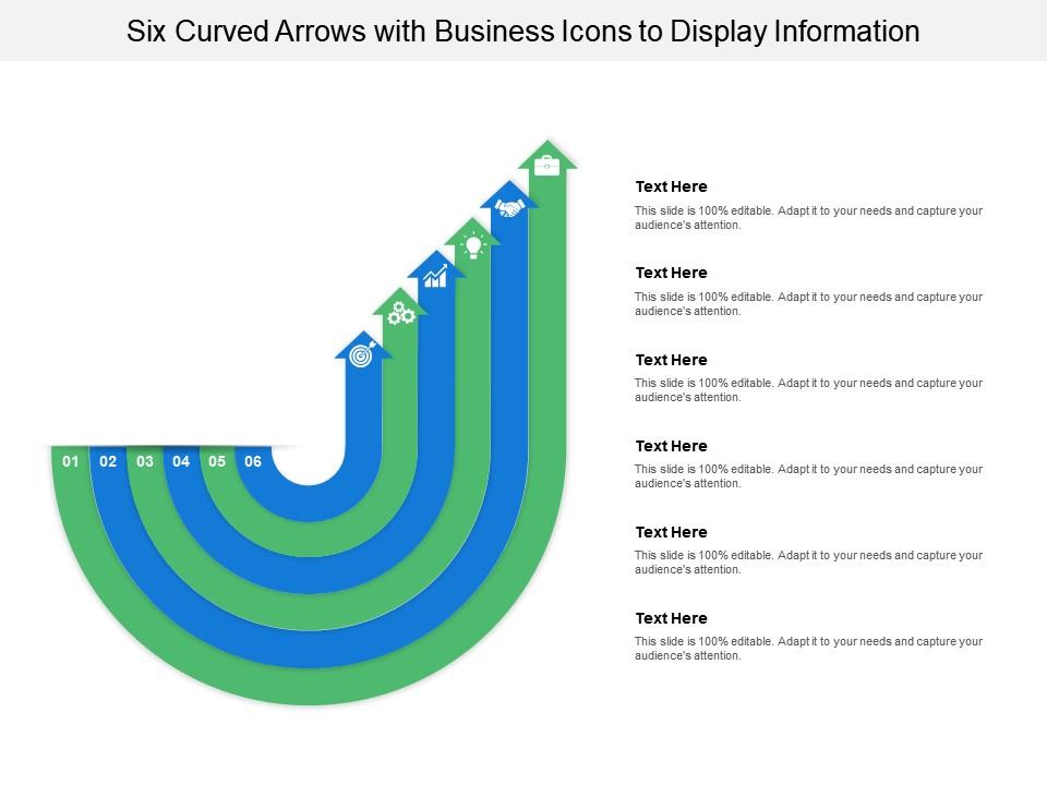 Six curved arrows with business icons to display information Slide01