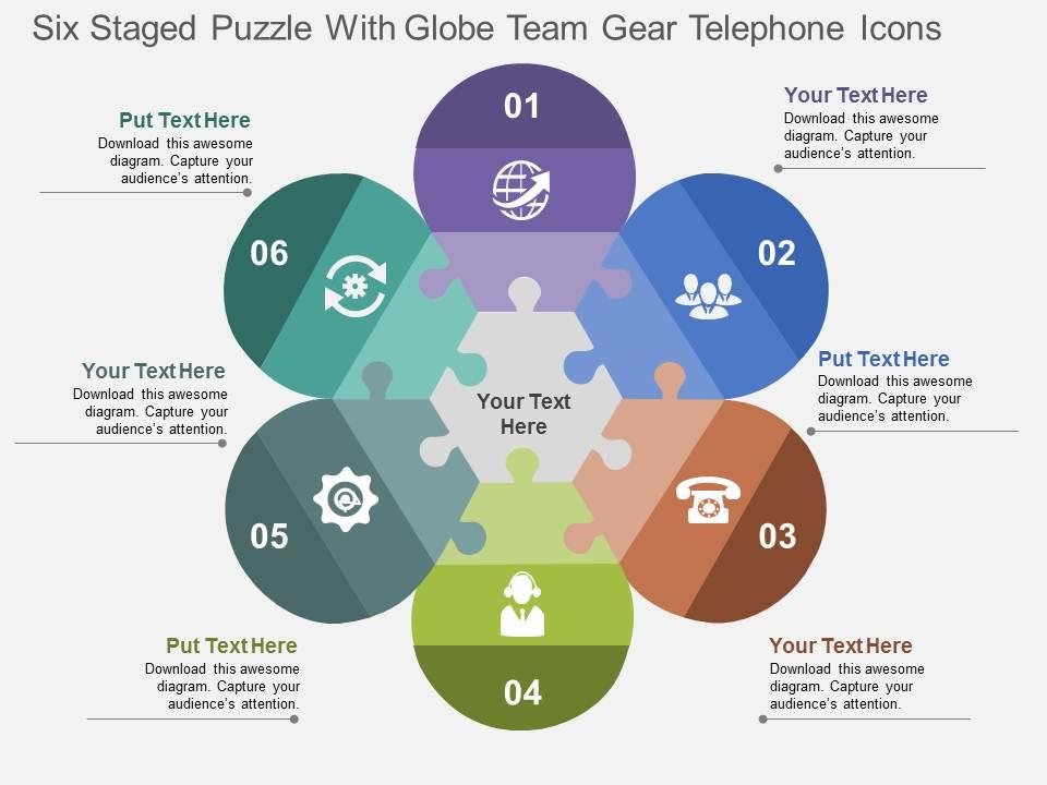 Six staged puzzle with globe team gear telephone icons flat powerpoint design Slide01