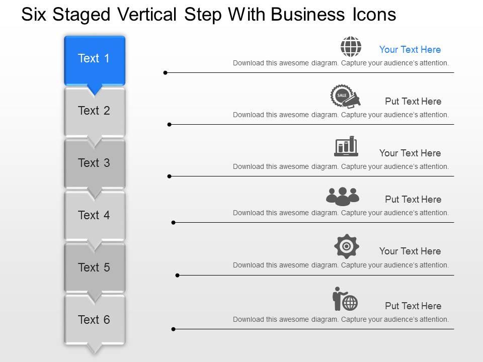 Six staged vertical step with business icons powerpoint template slide Slide01