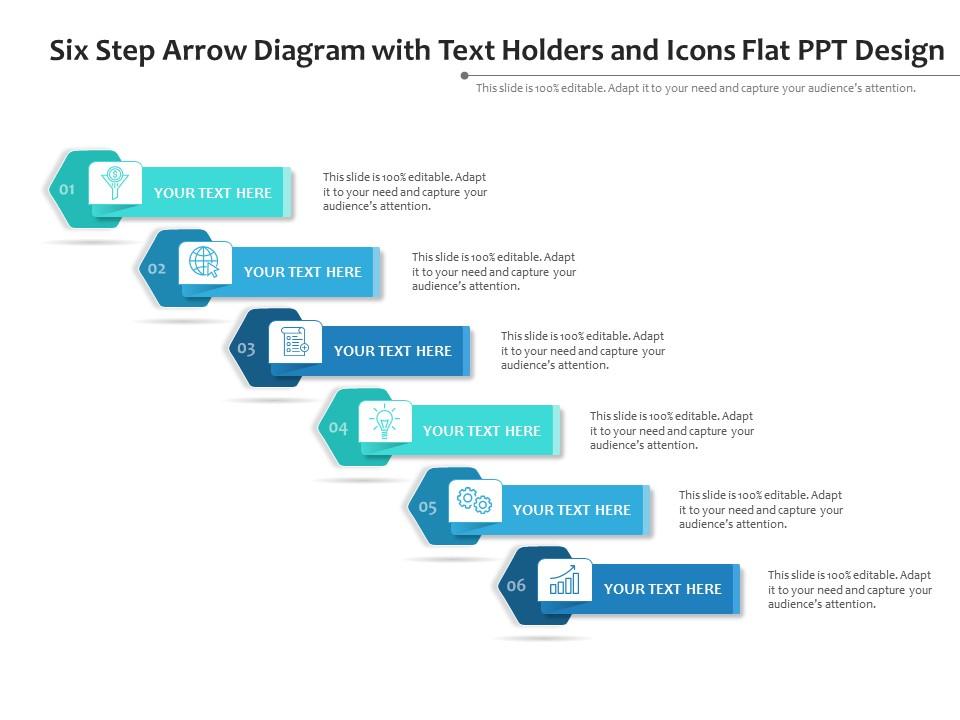 Six step arrow diagram with text holders and icons flat ppt design infographic template Slide01