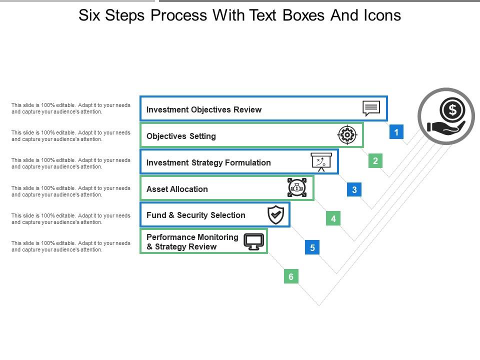 Six steps process with text boxes and icons Slide01