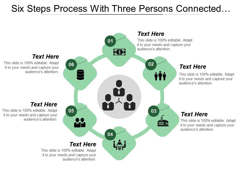 Six steps process with three persons connected icons and text boxes Slide01