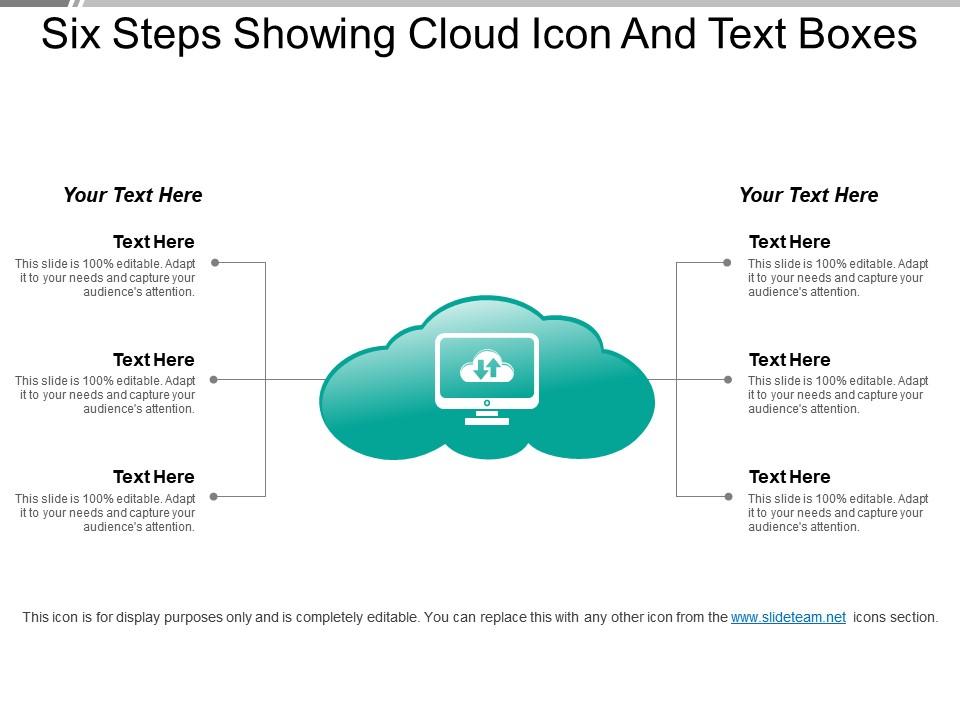 Six steps showing cloud icon and text boxes Slide01