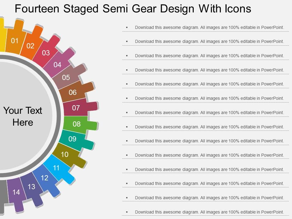 Sl fourteen staged semi gear design with icons flat powerpoint design Slide01