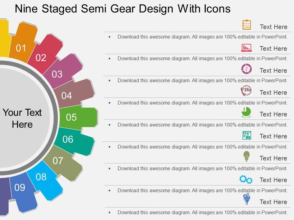 St nine staged semi gear design with icons flat powerpoint design Slide01