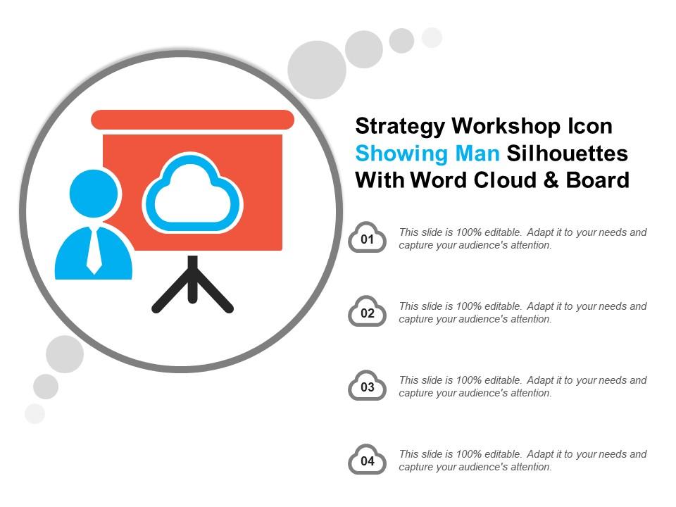 Strategy workshop icon showing man silhouettes with word cloud and board Slide01