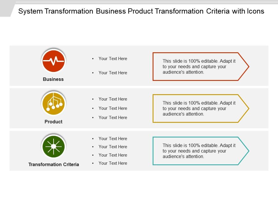 System transformation business product transformation criteria with icons Slide01