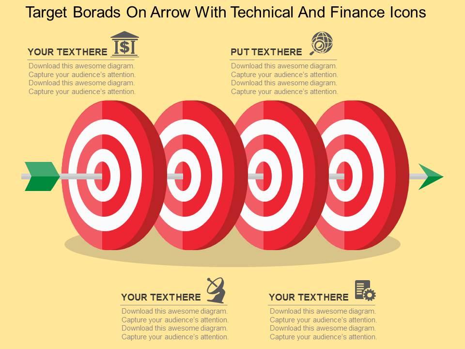 Target borads on arrow with technical and finance icons flat powerpoint design Slide01