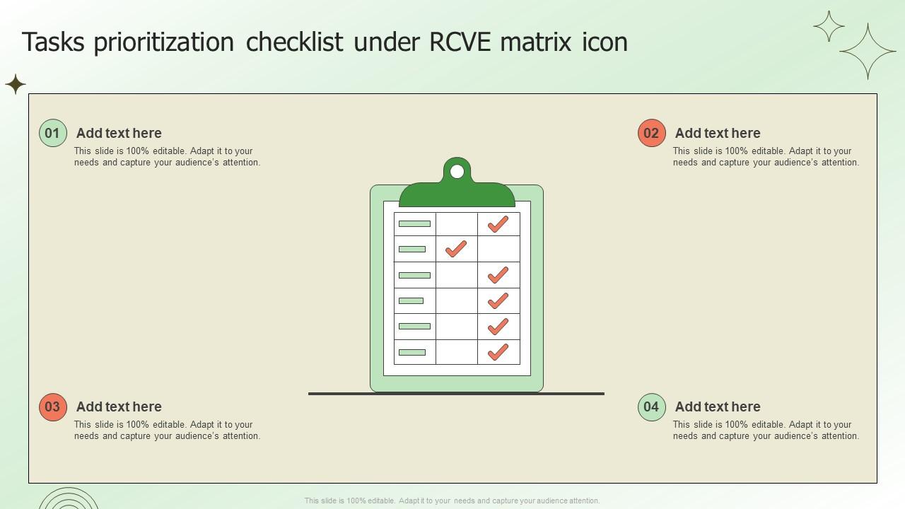 Tasks Prioritization Checklist Under RCVE Matrix Icon Slide01