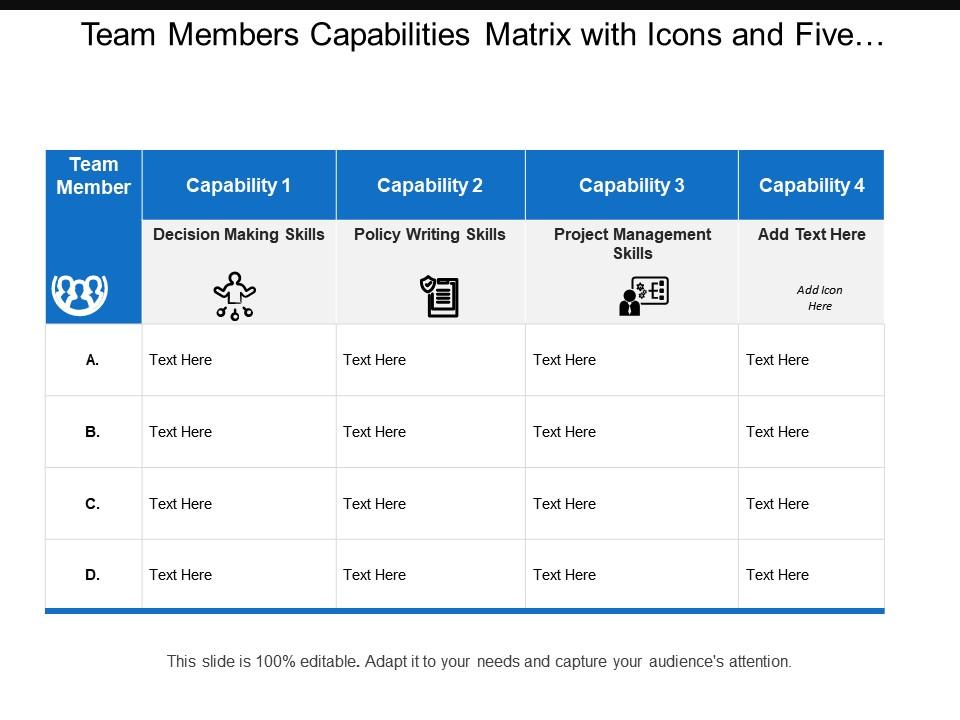 Team members capabilities matrix with icons and five columns Slide01