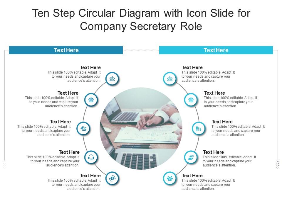 Ten step circular diagram with icon slide for company secretary role infographic template Slide01