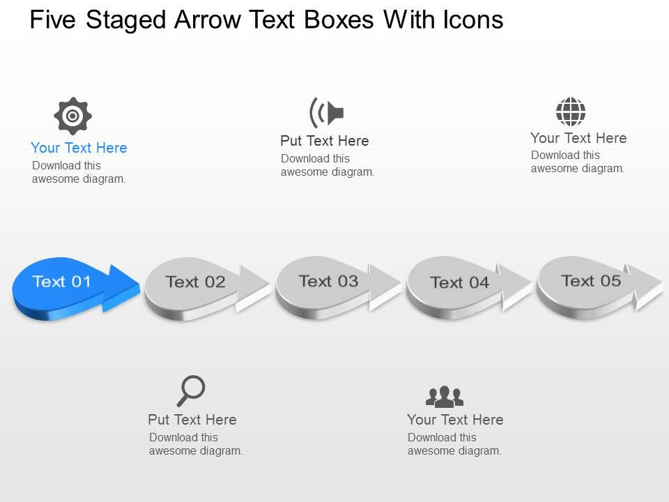 Th five staged arrow text boxes with icons powerpoint template slide Slide01