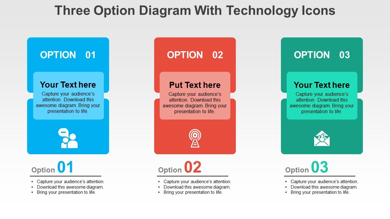 Three option diagram with technology icons flat powerpoint design Slide01