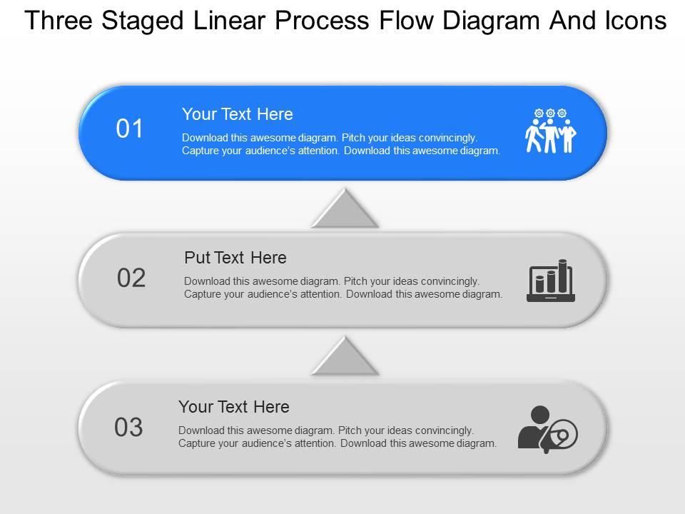 Three staged linear process flow diagram and icons powerpoint template slide Slide01