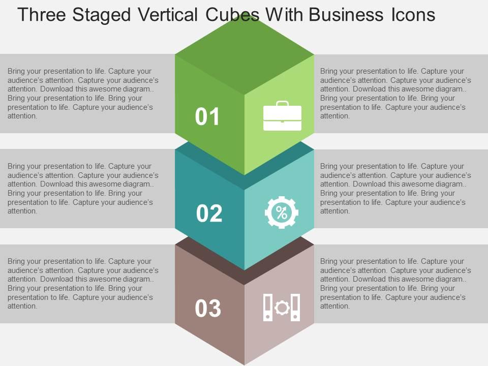 Three staged vertical cubes with business icons flat powerpoint design Slide01