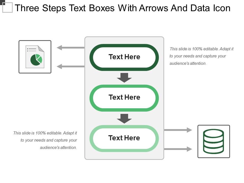 Three steps text boxes with arrows and data icon Slide01