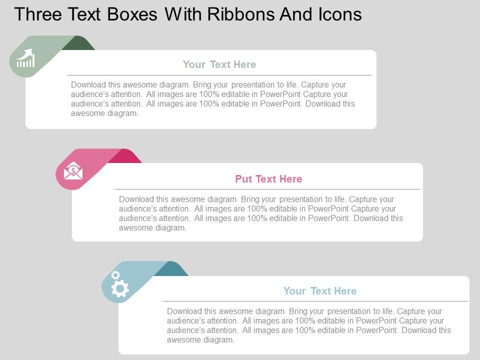 Three text boxes with ribbons and icons flat powerpoint design Slide01
