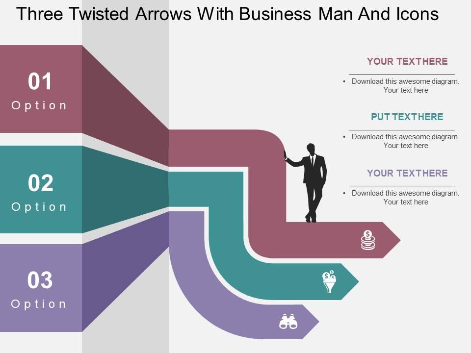 Three twisted arrows with business man and icons flat powerpoint design Slide01