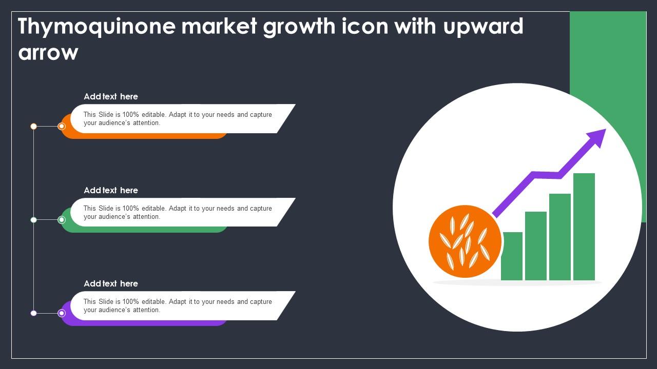 Thymoquinone Market Growth Icon With Upward Arrow Ppt Sample