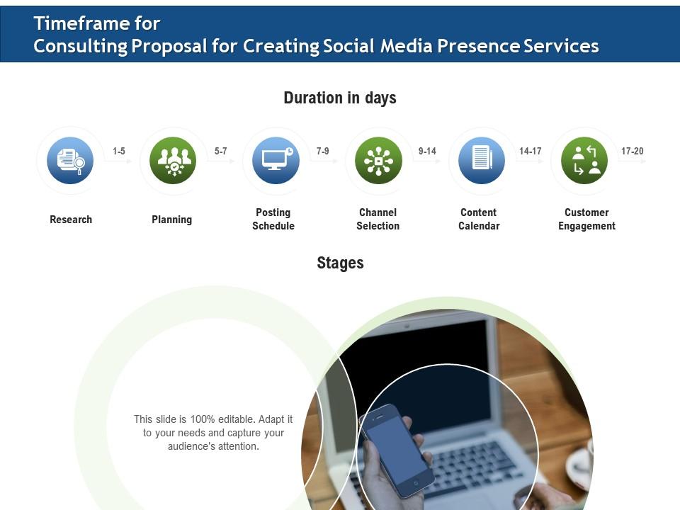 Timeframe for consulting proposal for creating social media presence services ppt icon Slide01