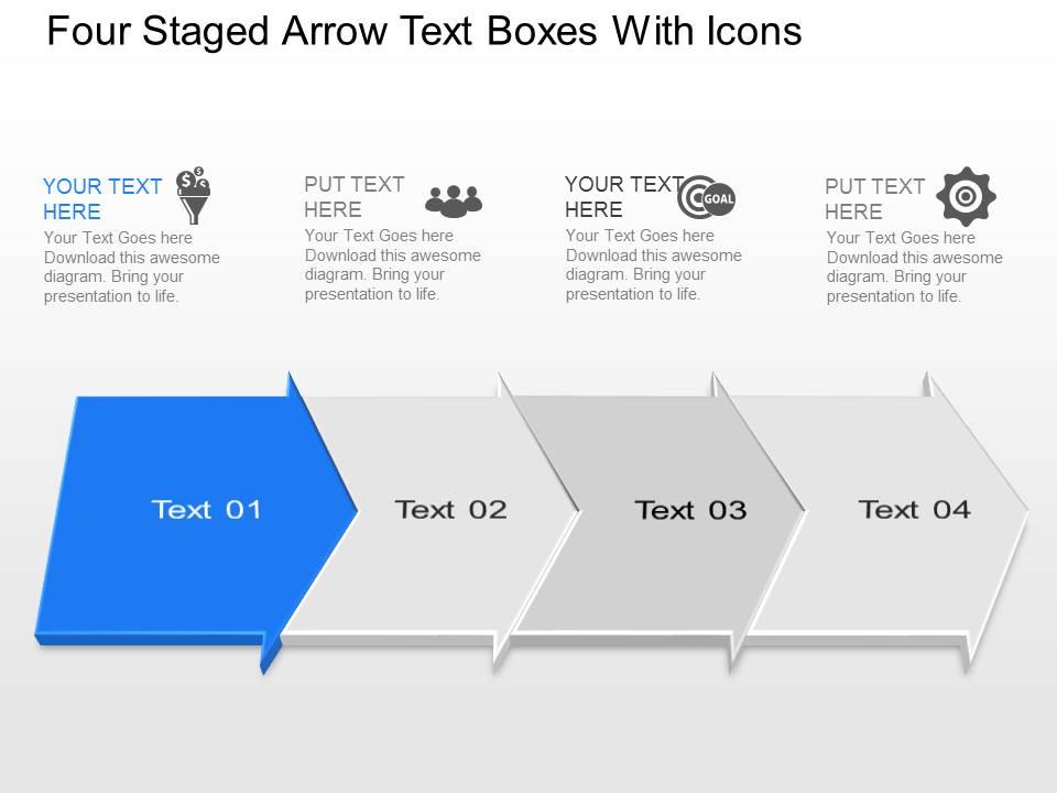 Tl four staged arrow text boxes with icons powerpoint template slide Slide01