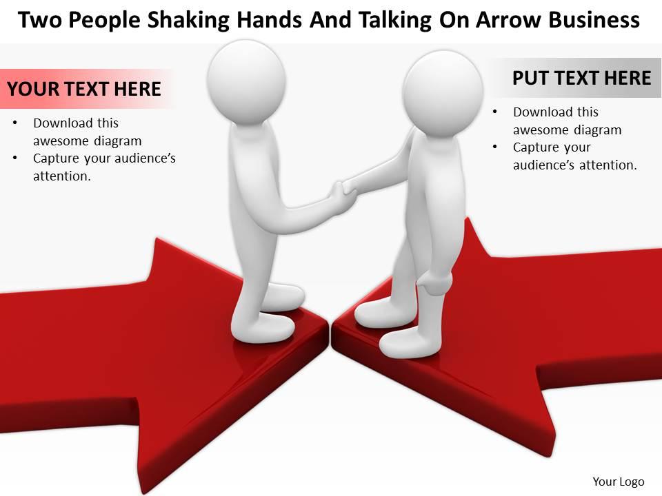 Two people shaking hands and talking on arrow business ppt graphics icons powerpoint Slide01