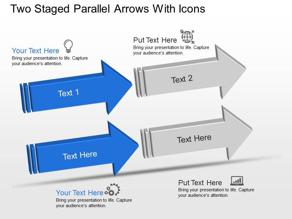 Two staged parallel arrows with icons powerpoint template slide Slide01