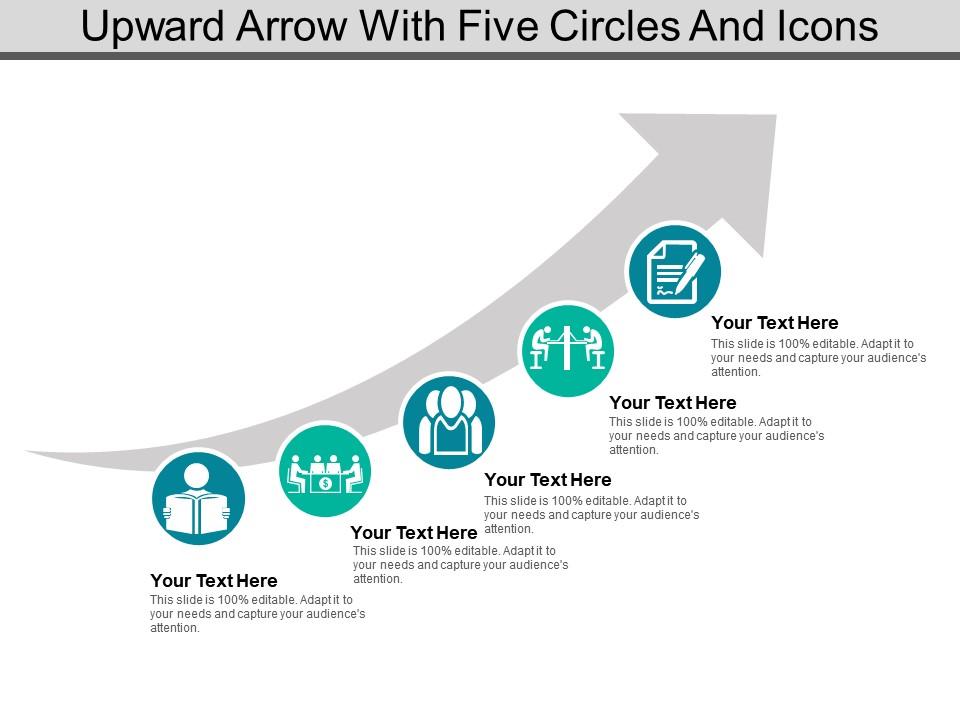 Upward arrow with five circles and icons Slide01