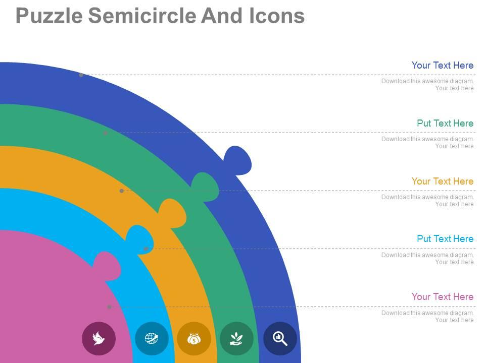 Use five staged puzzle semicircle and icons flat powerpoint design Slide01
