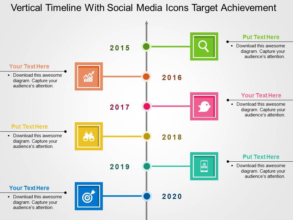 Vertical timeline with social media icons target achievement flat powerpoint design Slide01