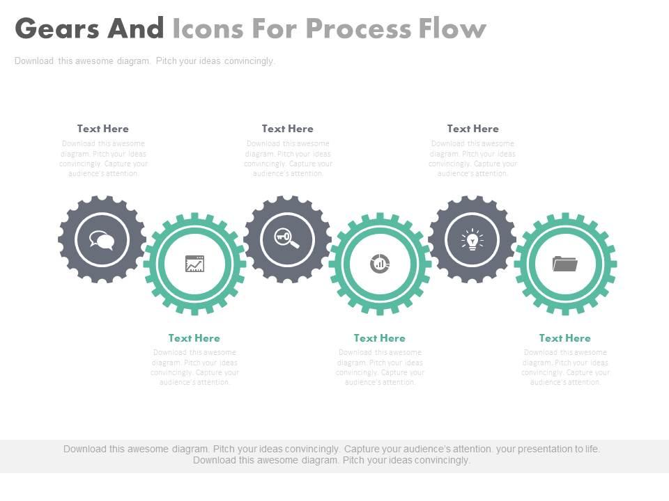 View six staged gears and icons for process flow and control flat powerpoint design Slide01