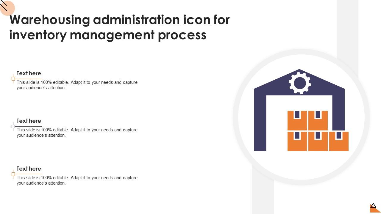 Warehousing Administration Icon For Inventory Management Process Slide01