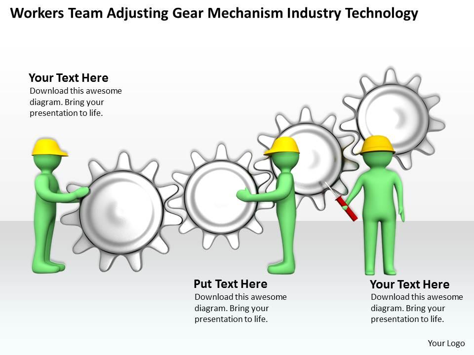 Workers team adjusting gear mechanism industry technology ppt graphics icons powerpoint Slide01