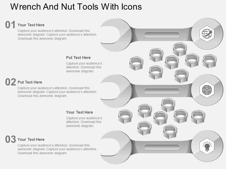 Wrench and nut tools with icons flat powerpoint design Slide01