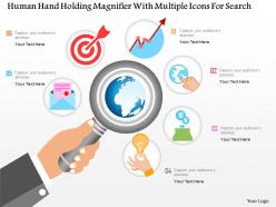 0115 human hand holding magnifier with multiple icons for data search powerpoint template