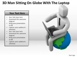3d man sitting on globe with the laptop ppt graphics icons powerpoint