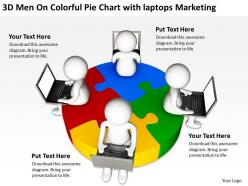 3d men on colorful pie chart with laptops marketing ppt graphics icons