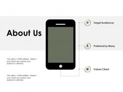 About us valued clients preferred by many target audiences d92 ppt powerpoint presentation icon