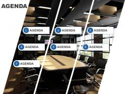 Agenda slide template with cut image and icons in a list powerpoint slide