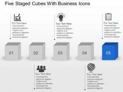 Aw five staged cubes with business icons powerpoint template slide