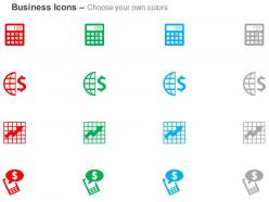Calculator globe dollar sign growth bar arrow message ppt icons graphic