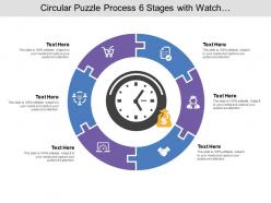 Circular puzzle process 06 stages with watch and money icon