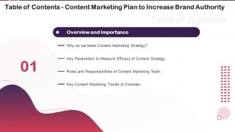 Content Marketing Plan To Increase Brand Authority For Table Of Contents Ppt Icon Templates